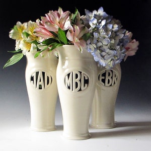 Custom Monogram Vase Personalized Wedding, Anniversary, Mother of the Bride, Bridesmaid Gift Handmade, handthrown & carved flower vase image 1