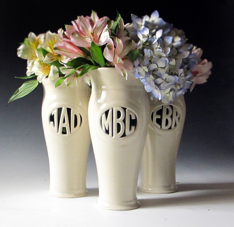 Custom Monogram Vase Personalized Wedding, Anniversary, Mother of the Bride, Bridesmaid Gift Handmade, handthrown & carved flower vase image 1