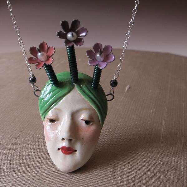 Garden Girl - Porcelain Pendant with Vintage Metal Flowers