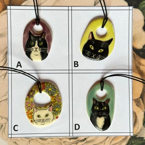 Ceramic Cat Pendant your choice handmade from stoneware clay each drawn freehand colored w/glazes & underglazes cat lover gift G image 2