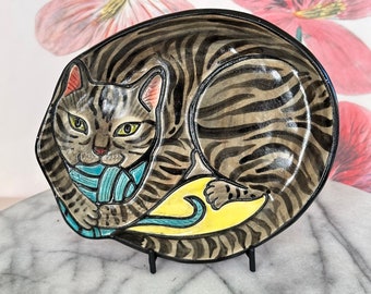 Cozy Cat Moments: Handmade Stoneware Plate w/a Naughty Gray Tabby Cat caught with a yarn ball in their mouth  - gift for cat lover