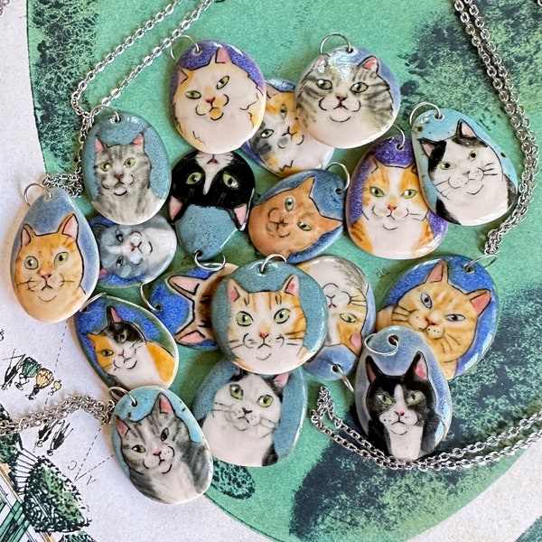 Ceramic Cat Pendant - your choice - handmade from Porcelain clay - each drawn freehand - colored w/glazes & underglazes - cat lover gift J