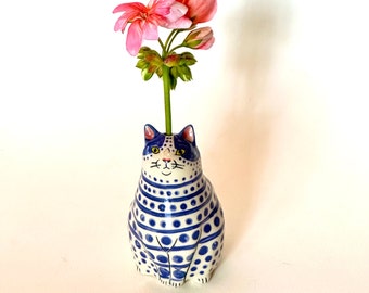 Purple Striped and Dotted Cat Vase - Graduated Dots - small hole for single stem incl heart - handmade - cat lover gift  - Cat P