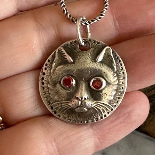 Fine Silver Cat Pendant .999 Silver purer than Sterling - Cat Face w/ Cubic Zirconia eyes CZ - 7.6 grams - made from antique mold