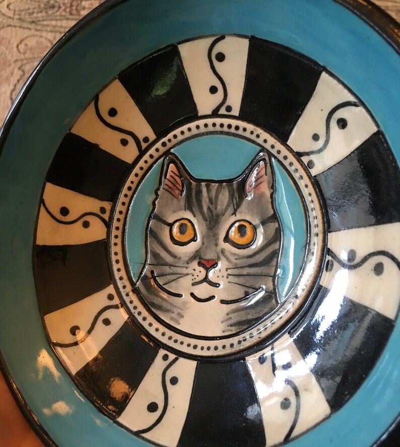 cat lady gift Ceramic Bowl Handmade Cat Ceramic Dish cat lover blue and black border Gray and black tabby cat portrait