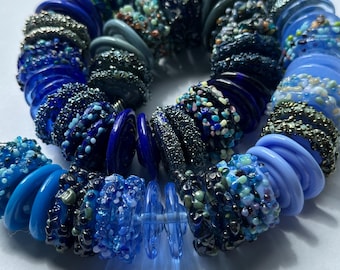 Shades of Blue Handmade Lampwork Glass Beads, Rustic Disk Beads, (2mm)