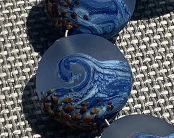 Ocean Wave Handmade Glass Lampwork Beads, straight sided lentil, focal, filler ,17mm
