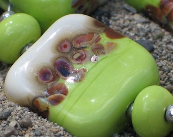 Handmade Glass Lampwork Beads, Chartreuse Green/Raku band square/tile