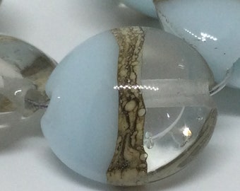 Pale blue/Clear Handmade Glass Lampwork Beads, Lentil 15mm