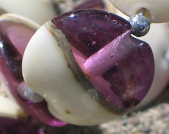 Purple/Ivory Handmade Glass Lampwork Beads, Lentil 15mm