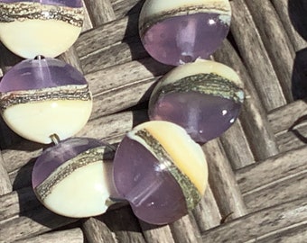 Crocus purple/Ivory Handmade Glass Lampwork Beads, Lentil 15mm