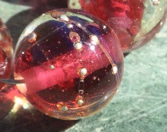 Transparent raspberry  Pink/Silver Handmade Glass Lampwork Bead set,  11mm, round