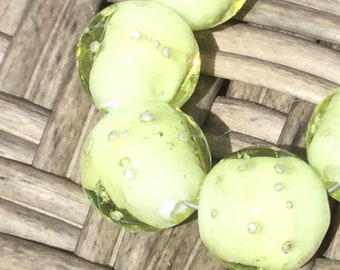 Pale Green/Pure Silver Handmade Glass Lampwork Beads, focal filler art bead 11mm round