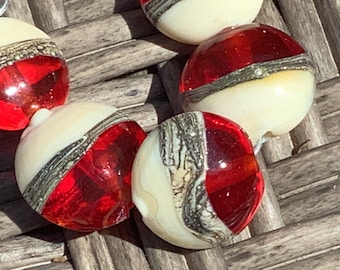 Red/Ivory Handmade Glass Lampwork Beads, Lentil 15mm
