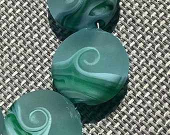 Ocean green Wave Handmade Glass Lampwork Beads, straight sided lentil, focal, filler ,17mm
