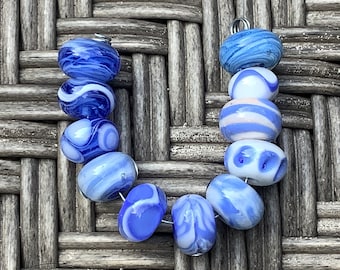 Periwinkle/whiteSilver Handmade Glass Lampwork Beads, focal filler art bead 8mm round