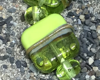 green on green  Handmade Glass Lampwork Bead set, square, 16mm