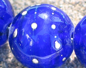 Transparent Cobalt Blue/Silver Handmade Lampwork Glass Bead set, 11mm, round