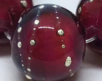 Raspberry purple on white/Silver Handmade Glass Lampwork Bead set, 11mm, round