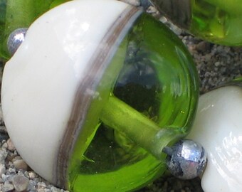 Chartreuse Green/Ivory Handmade Glass Lampwork Beads, Lentil 15mm