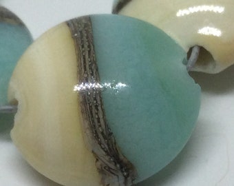 Spearmint/Ivory Handmade Glass Lampwork Beads, Lentil 15mm