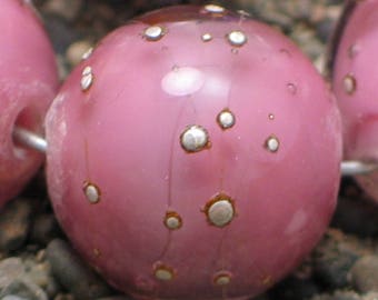 Rose Pink on pink /Silver Handmade Glass Lampwork Bead set,  11mm, round