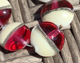 Dark Pink/Ivory Handmade Glass Lampwork Beads, Lentil 15mm