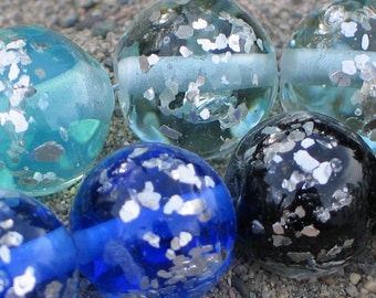 Shades of Blue/Glitter Handmade Glass Lampwork Bead set, 11mm, round