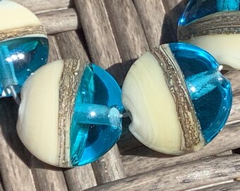 Aqua/Ivory Handmade Glass Lampwork Beads, Lentil 15mm