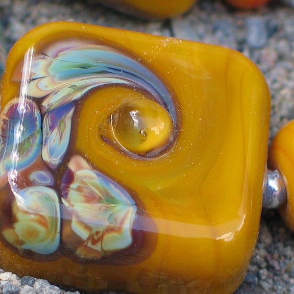 Handmade Glass Lampwork Beads, Mustard Yellow/Raku  Swirl tile square focal filler  art