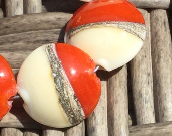 Orange/ivory Handmade Glass Lampwork Beads, Lentil 15mm
