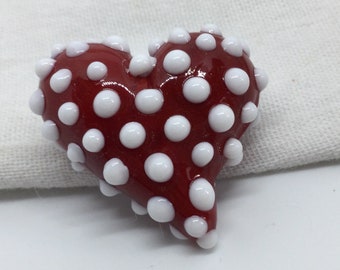 Red and white doted  Handmade Glass Lampwork Bead set, 25mm heart