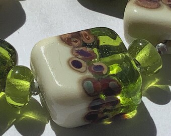 Ivory grass green /Raku  Handmade Glass Lampwork Bead set, square, 16mm