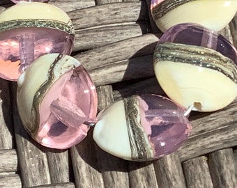 Ballerina Pink/Ivory Handmade Glass Lampwork Beads, Lentil 15mm