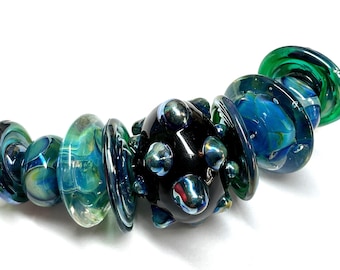 Reactive Silver Glass Lampwork Beads, Handmade Bead Set