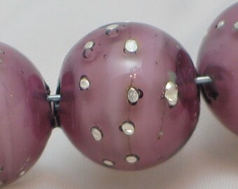 Medium Purple/Pure Silver Handmade Glass Lampwork Bead set, 11mm, round