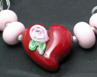 Handmade Glass Lampwork Bead set, Rose, heart red/pink round