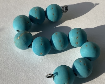 Turquoise/Silver Handmade Glass Lampwork Bead set, 11mm, round