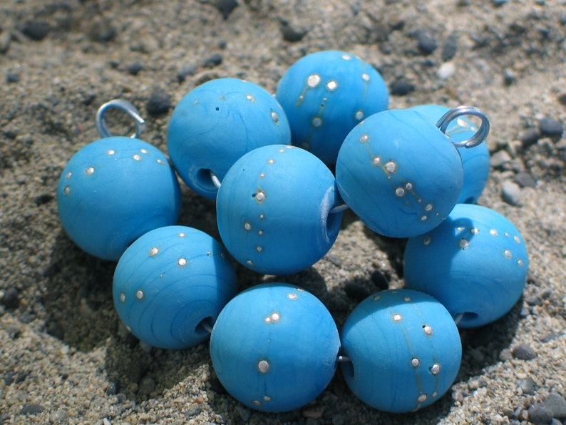 round Turquoisesilver Handmade Lampwork Glass Bead set 11mm