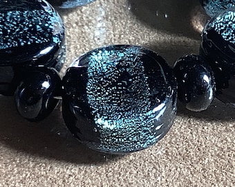 Teal dichroic on black large Handmade Lampwork Glass Beads,Lozenge, 18mm