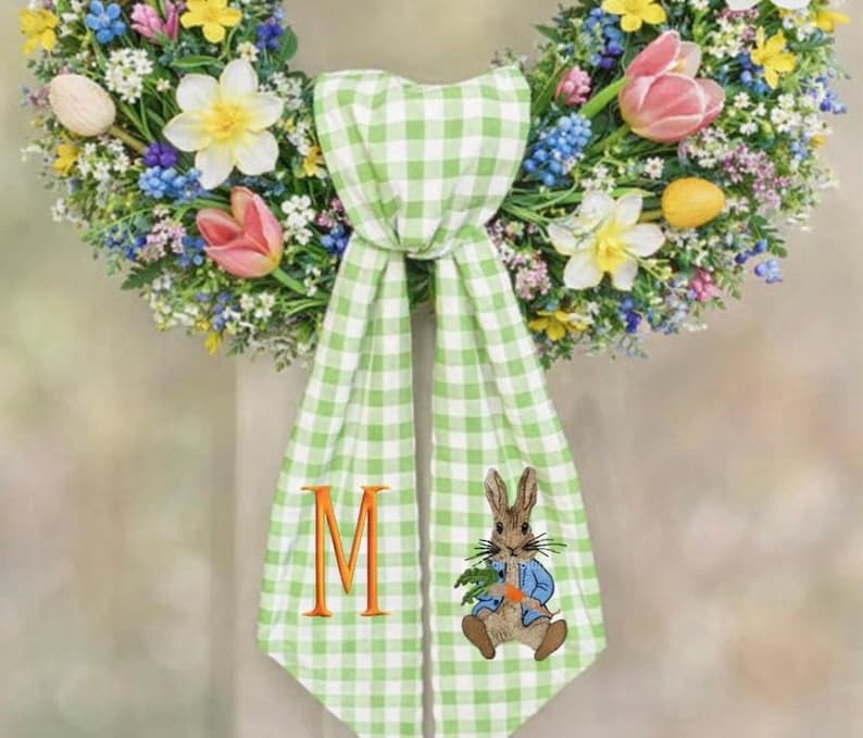 Personalized Spring Wreath Sash – Bunny & Initial | Green Gingham Easter Door Sash | Embroidered Front Door Decor