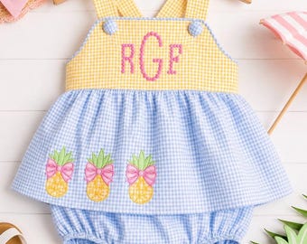 Conjunto de bombacho con estampado de piña personalizado / Conjunto para bebé niña con monograma / Conjunto para vacaciones de verano en la playa / Ropa de boutique a cuadros azules