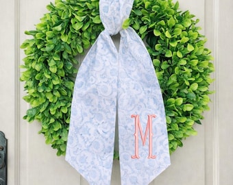 Monogrammed Chinoiserie Wreath Sash | Blue Floral Door Decor