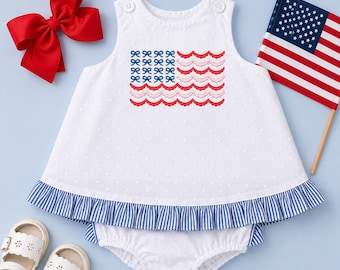 Conjunto de bombacho con bandera estadounidense bordada / Lunares blancos, volantes de seersucker, conjunto rojo, blanco y azul