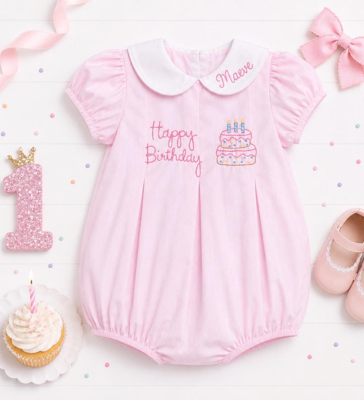 Personalized Pink Gingham Birthday Bubble Romper Embroidered Name, Cake, Lace Trim