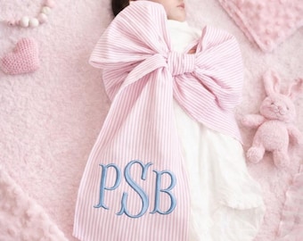 Personalized Seersucker Swaddle Sash – Custom Embroidered Baby Announcement Bow