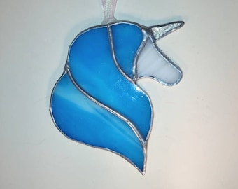 Unicorn stained glass ornament in light blue