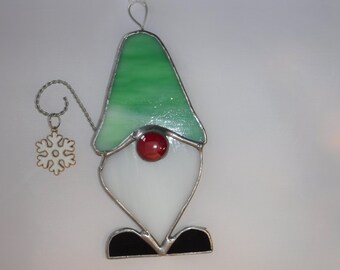Gnome Suncatcher or ornament with Green and White Hat holding a snowflake