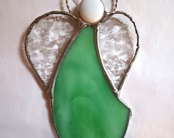 Light Green or Mint Green Stained Glass Angel Ornament with decorative wirework