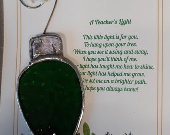 A teachers light gift card with green Stained glass Christmas bulb ornament come in gift box